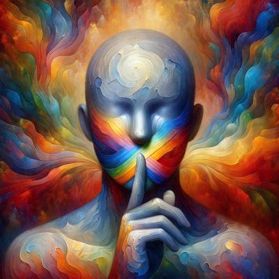 The primary subject of the image is a person with a colorful, rainbow-colored face. The person is making a "shh" gesture with their hand, covering their mouth. The setting is a vibrant, colorful background that complements the person's unique appearance. The visual style is a combination of digital art and illustration, creating a dynamic and eye-catching image. The colors and mood are lively and cheerful, reflecting the person's playful and creative nature.